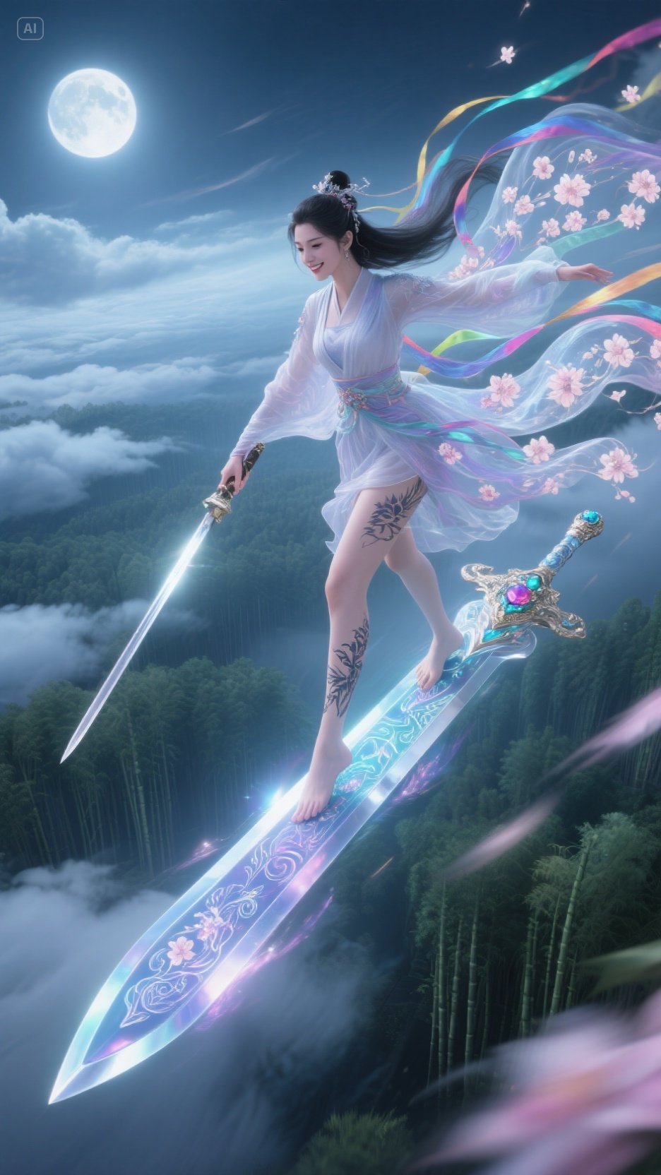 白衣剑仙凌空御剑,衣袂翩跹于云海之巅