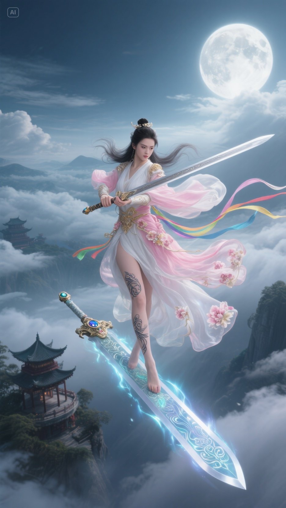 粉衣剑仙斩落星芒,身后古阁流云翻涌如潮,国风与赛博仙侠的破次元共舞