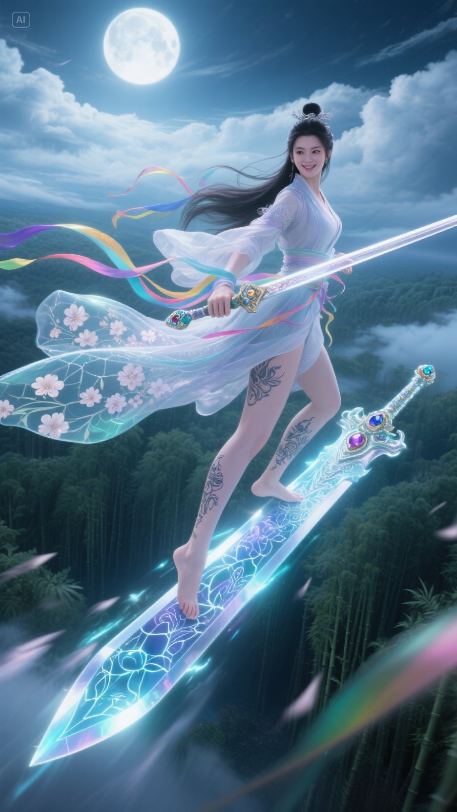 白衣剑仙凌空御剑,衣袂翩跹于云海之巅