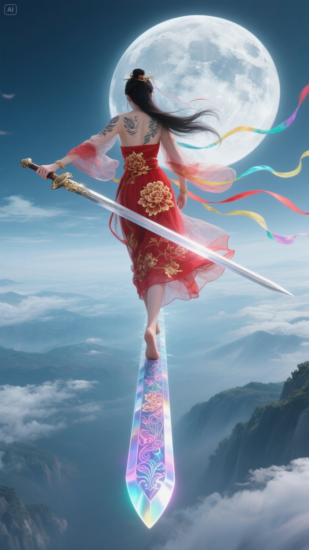 御剑破云,彩带卷皓月,纹身映玄光,踏苍茫云海舞绝世锋芒!