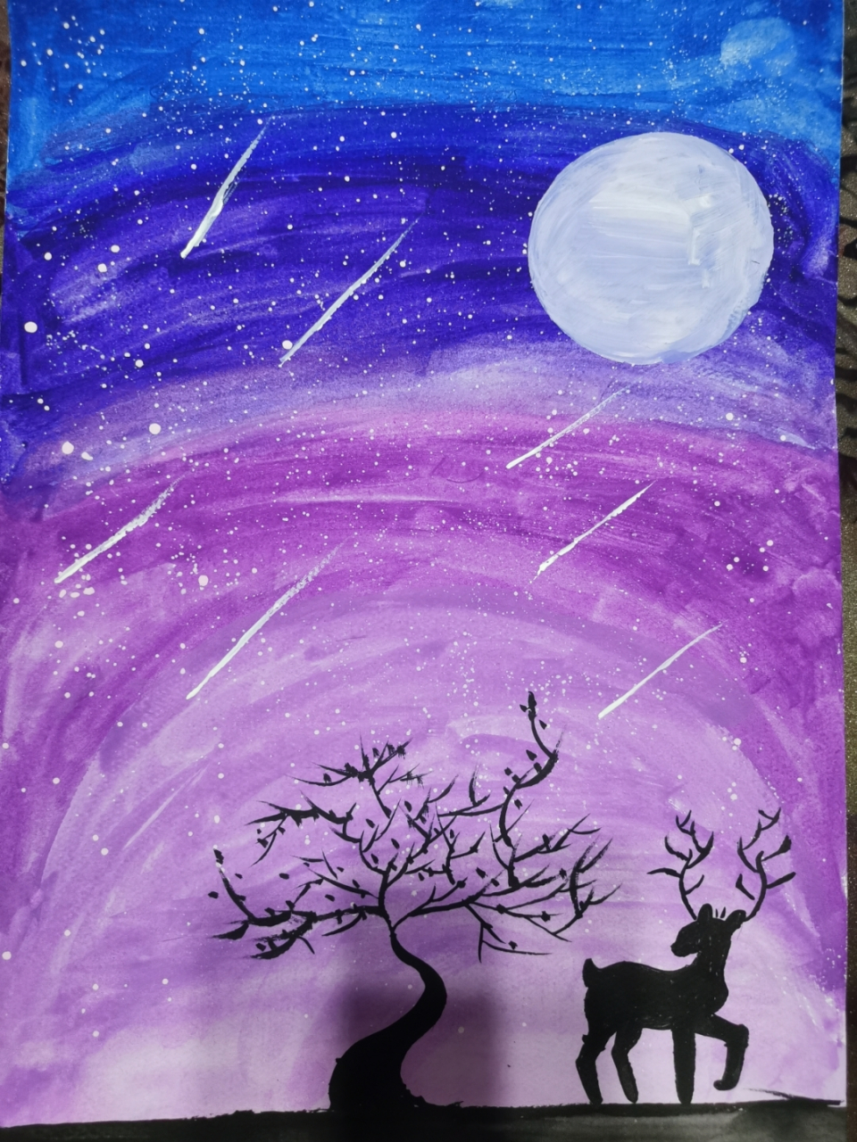 水粉冷色星空画