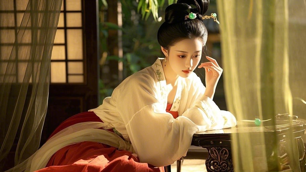 缠枝莲绣鞋尖; 窗外竹影扫过腮边胭脂,腕间翡翠镯子磕在古代香囊女子