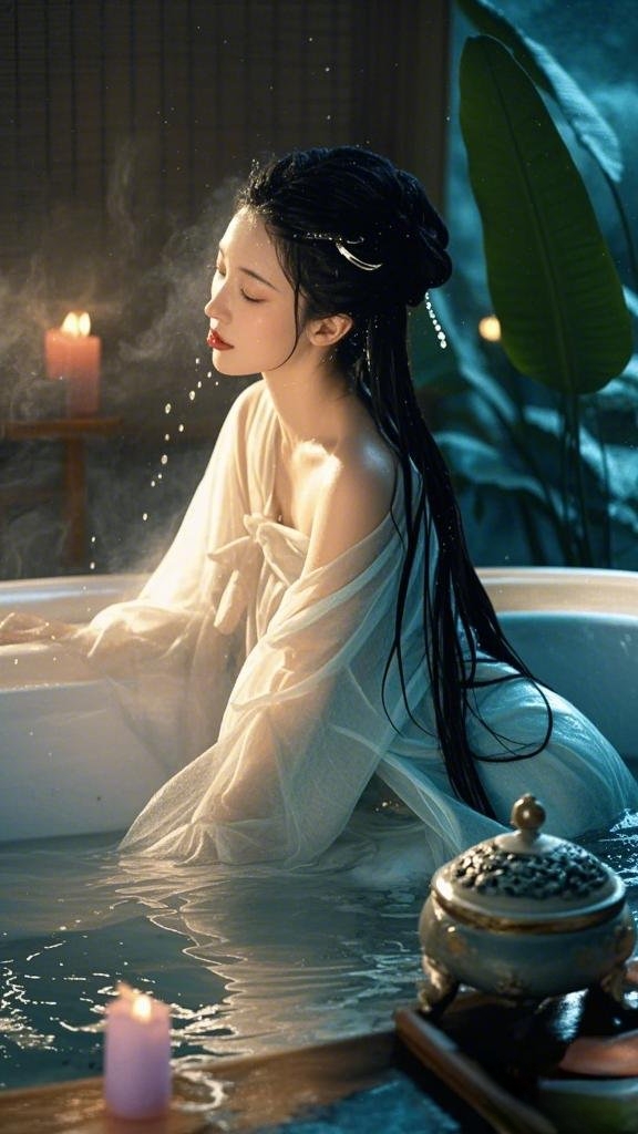 美人出浴图【面部微表情】:被蒸气熏染的桃腮泛着霞