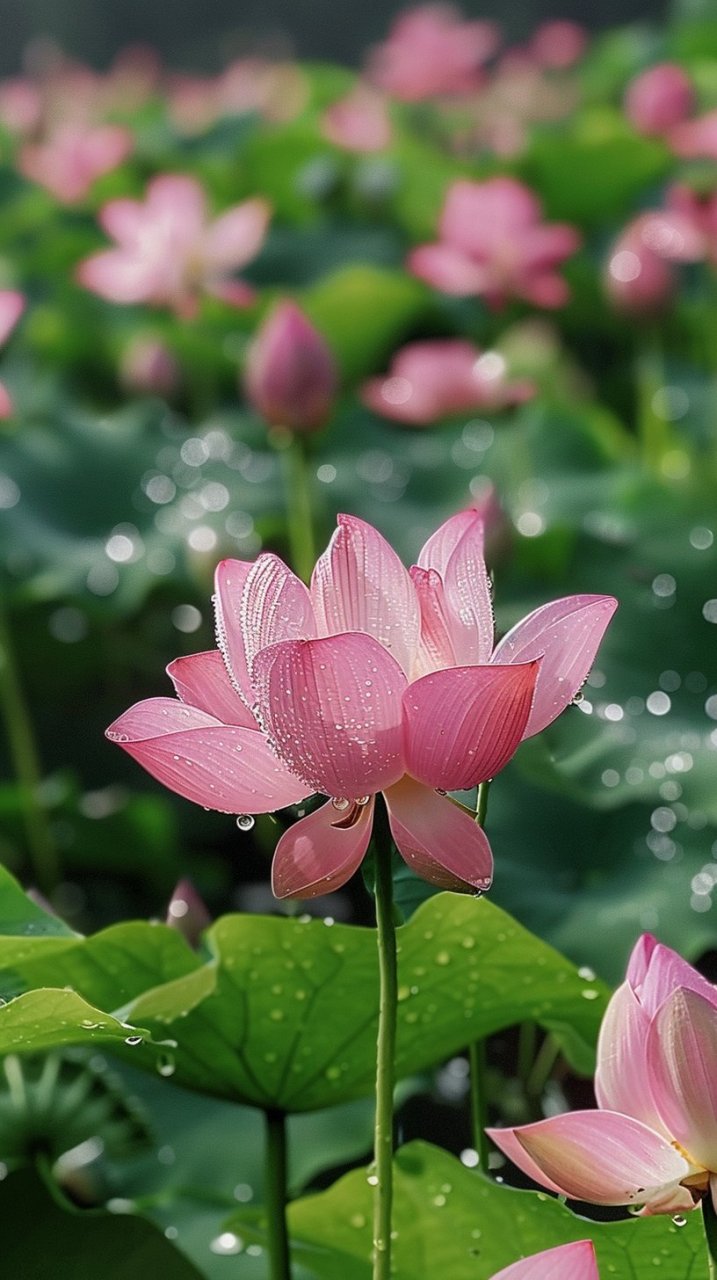 94粉红荷花,清新脱俗,水珠点缀,更显娇艳欲滴