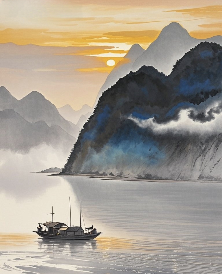 古风山水,江面小舟
