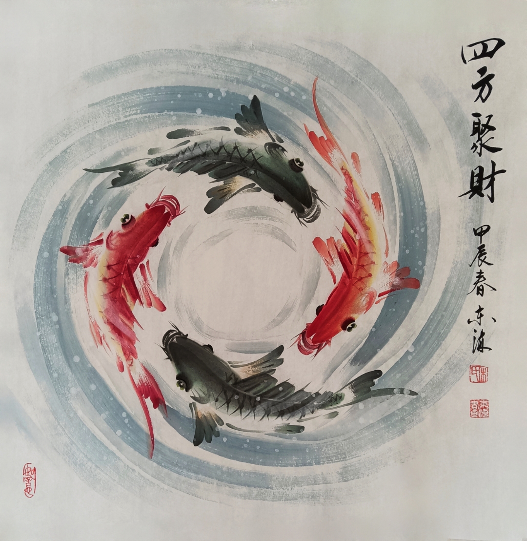 太极转运时来运转风水鱼《四方聚财》,尺寸68cmx68cm.