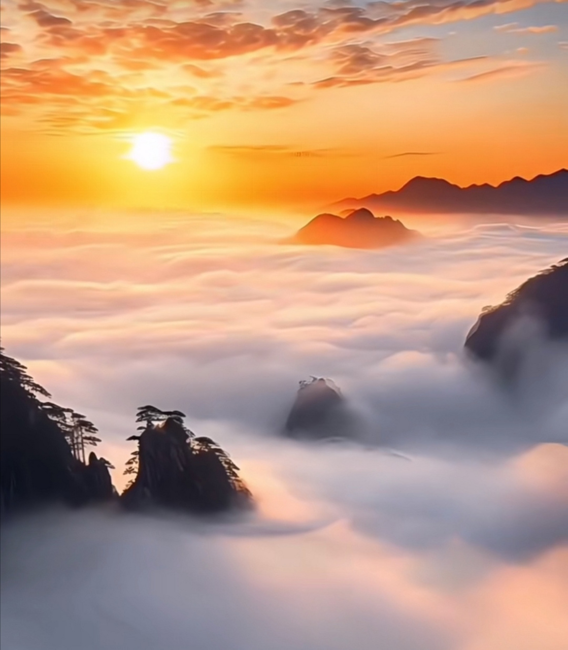 幽幽黄山东方红,茫茫云海迎客松.日薄丹霞月朦胧,繁星点缀夜苍穹.