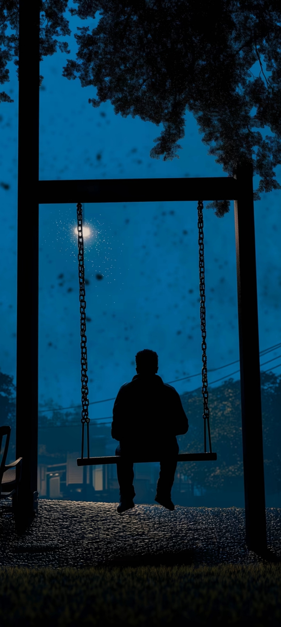 一个人在夜晚的秋千上静静地思考,月光洒在他孤独的背影上