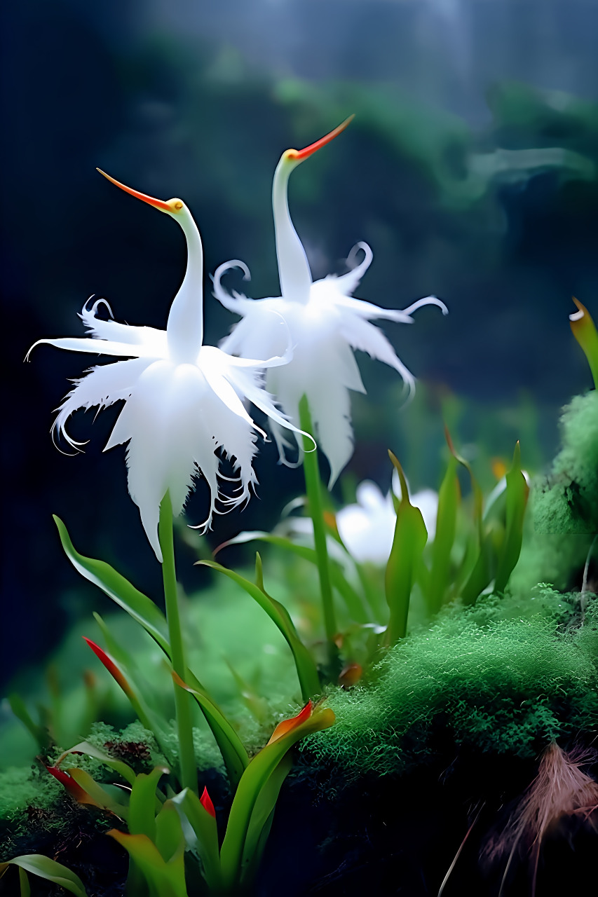 十万大山里发现的白色鹤兰,花朵形状如丹顶鹤,多姿多彩的花朵如刚摘下