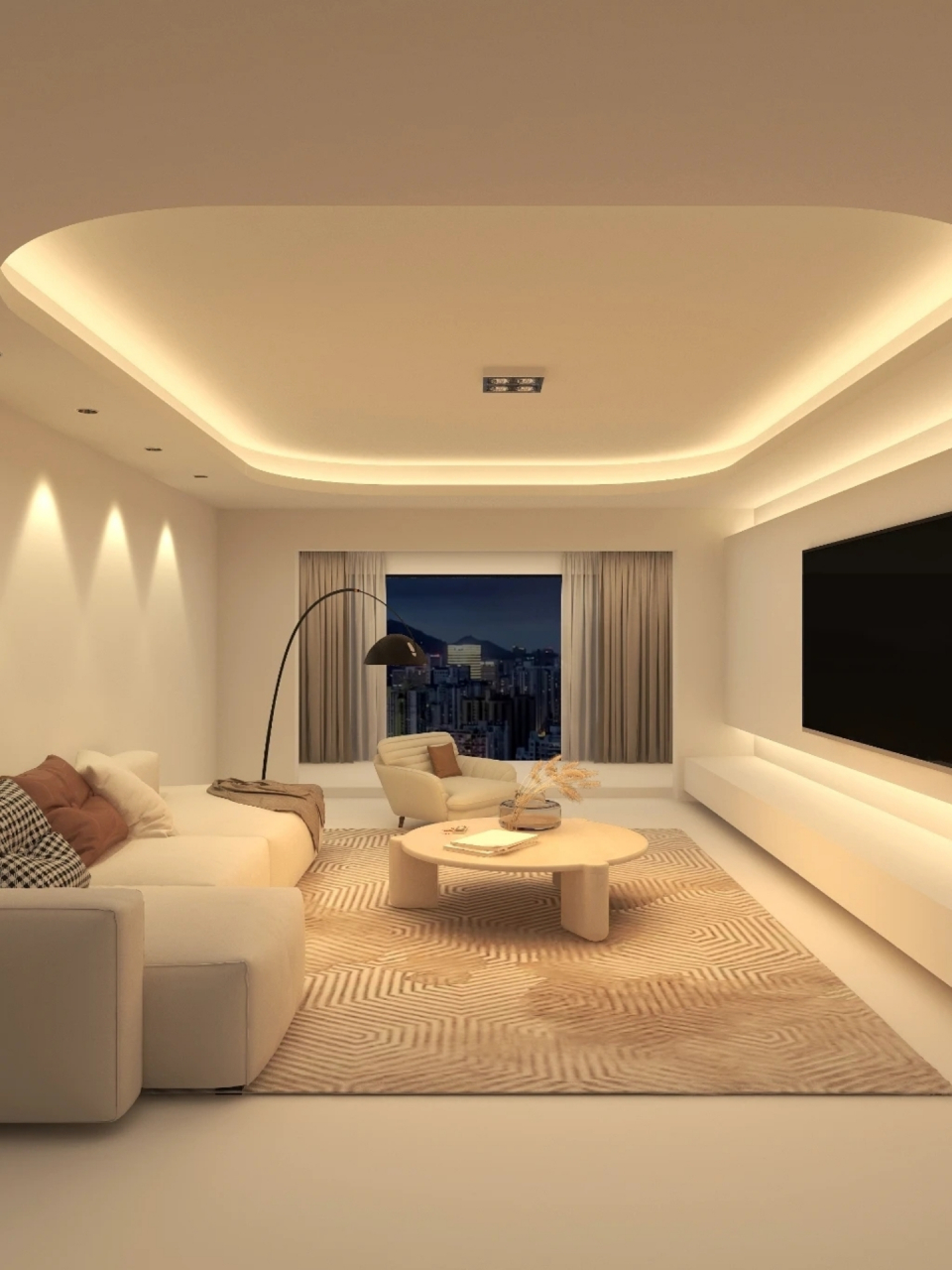 悬浮吊顶主照明用的筒灯,洗墙灯用的是射灯,安装好以后效果很不错