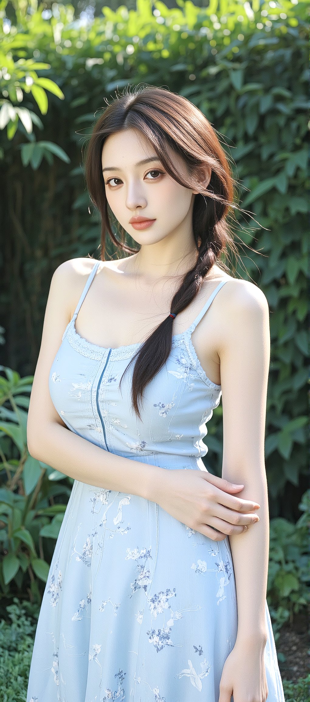 夏日炎炎,我在池塘边遇见了这位清凉小姐姐,她穿着浅蓝色的吊带衫