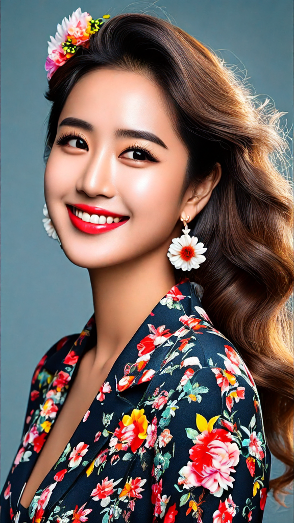 题目:花丛中的微笑  一个身穿浅蓝色外套的年轻女性,如同一朵含苞待放