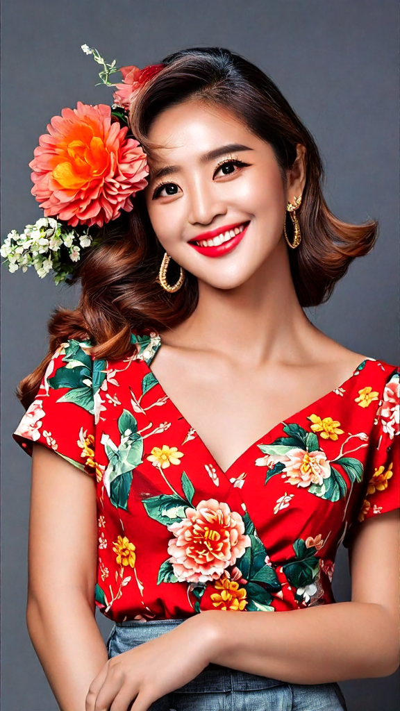 题目:花丛中的微笑  一个身穿浅蓝色外套的年轻女性,如同一朵含苞待放