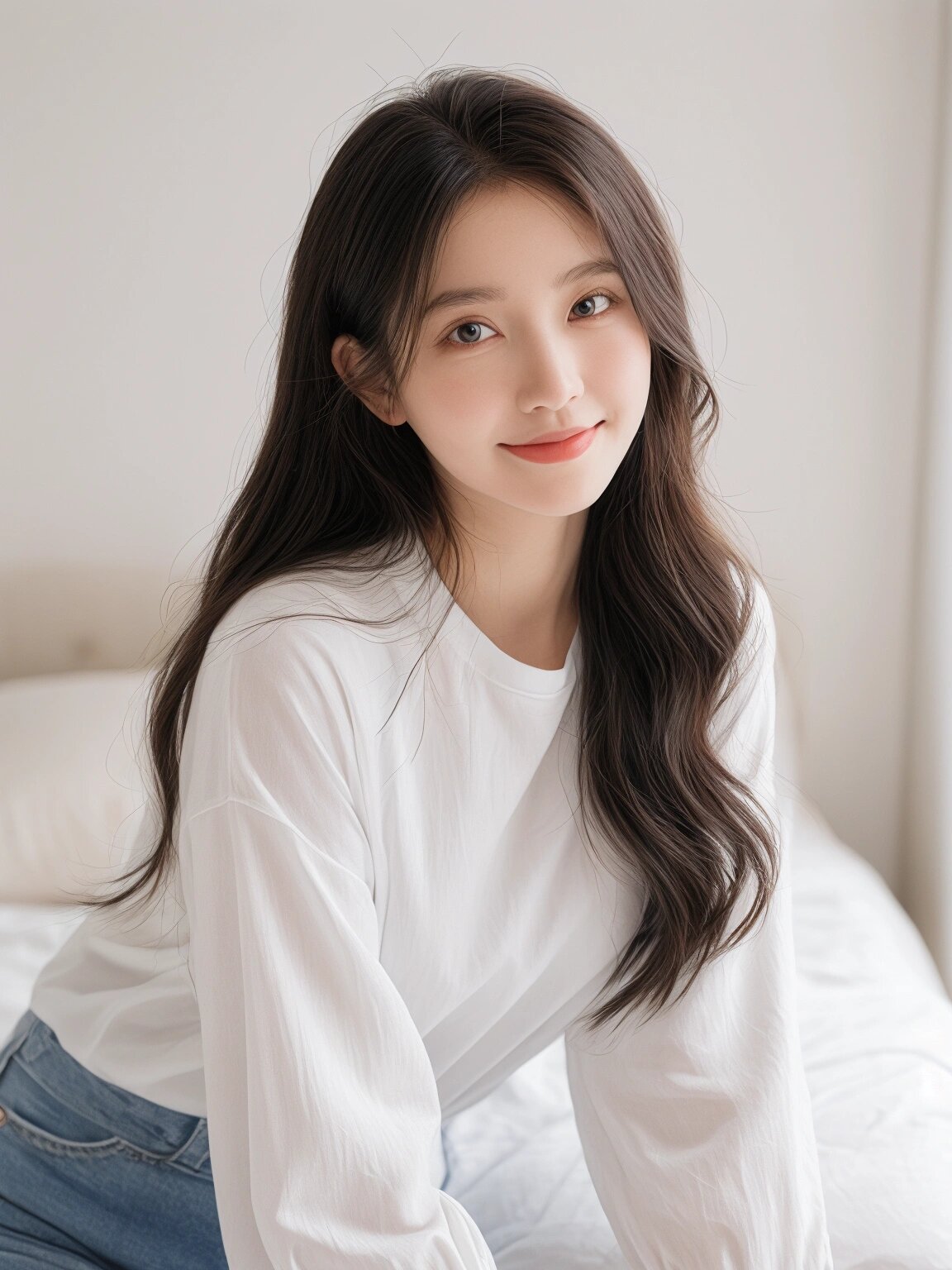 这位年轻亚洲女性,棕色长发飘飘,眉眼间流露出清新与灵动.
