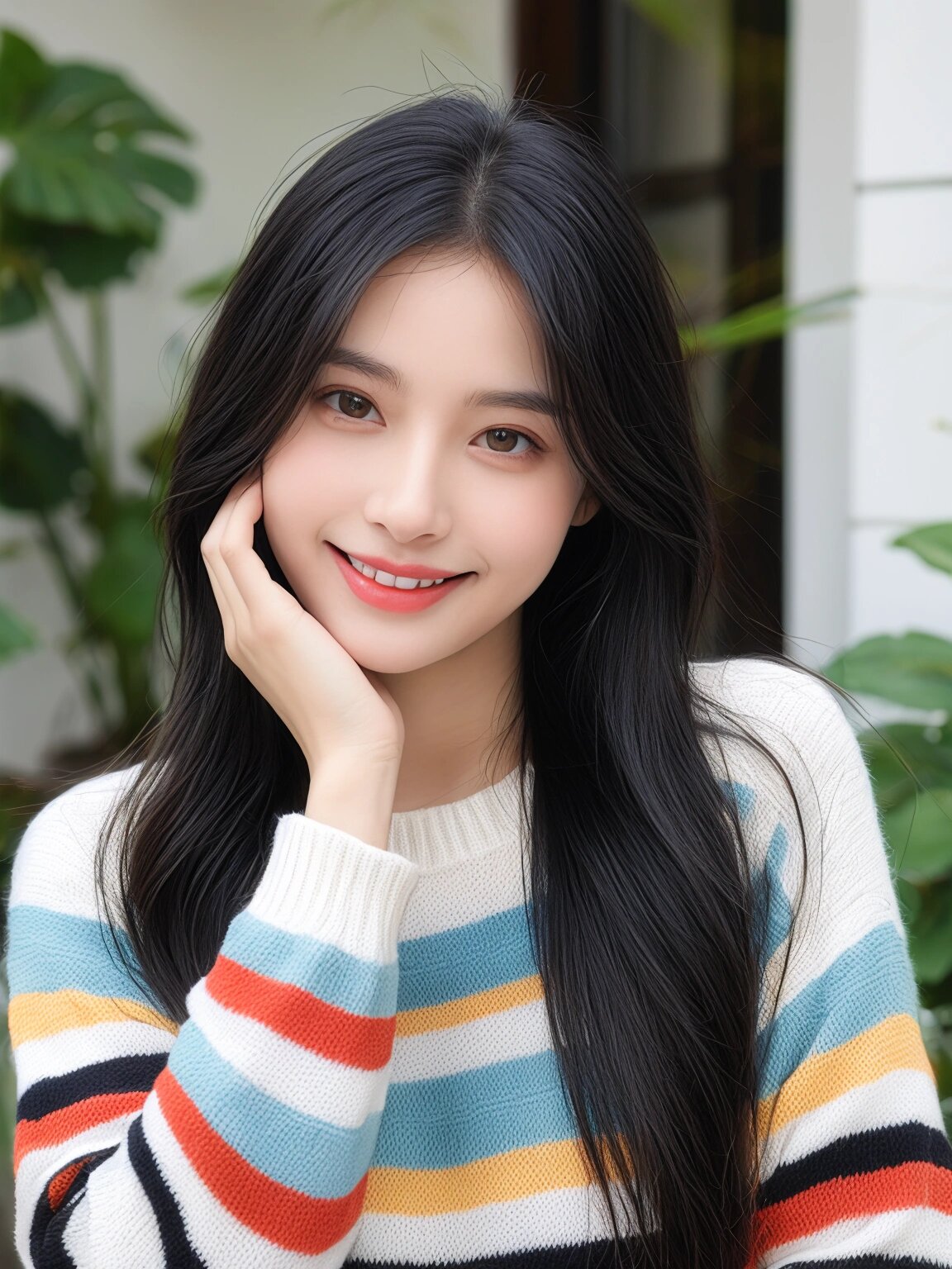 这位年轻亚洲女性,棕色长发飘飘,眉眼间流露出清新与灵动.