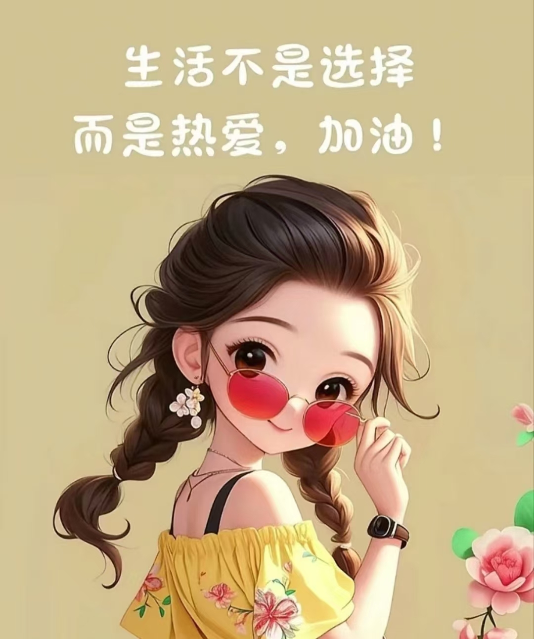 "热爱生活,就像这幅画中的女孩,戴墨镜,挎小包,自信满满,加油!