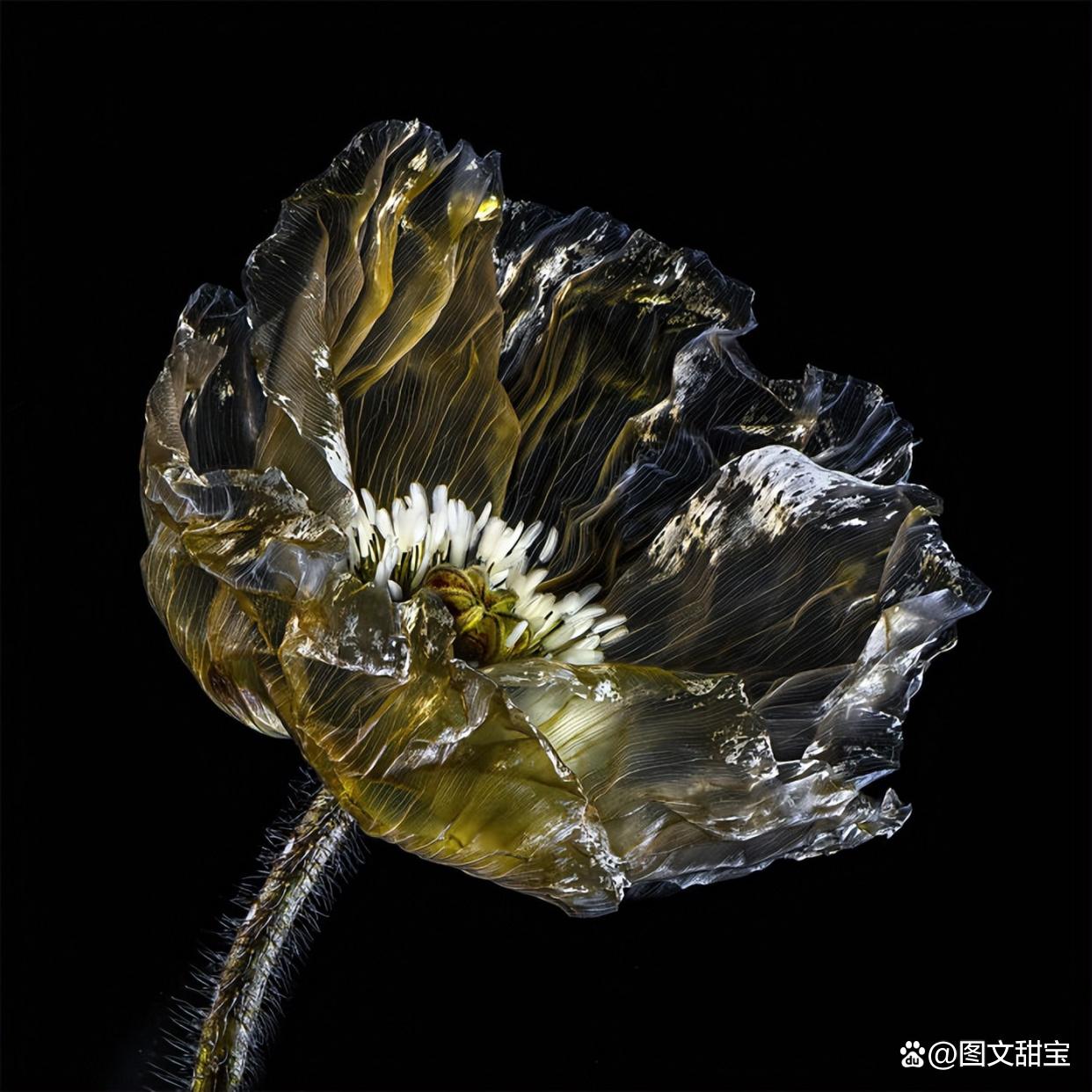 一朵仅存两个月的罂粟花已经枯萎,脆弱的花瓣失去了色彩,像塑料一样
