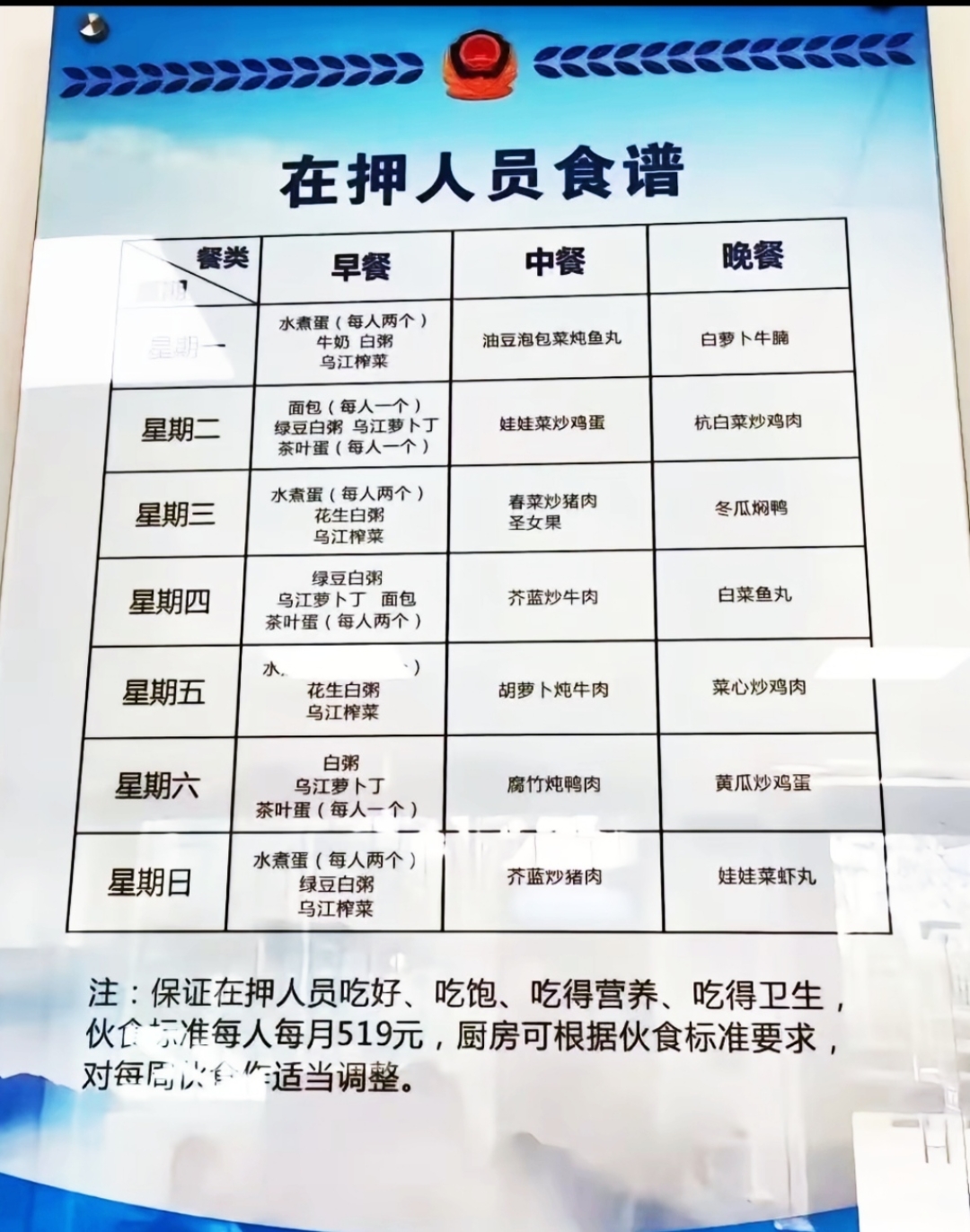 一个月才519,监狱伙食标准在押人员食谱监狱食谱监狱伙食表看仕所