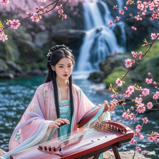 一位古装美女在山水之间弹奏着古筝,身边是盛开的桃花和瀑布