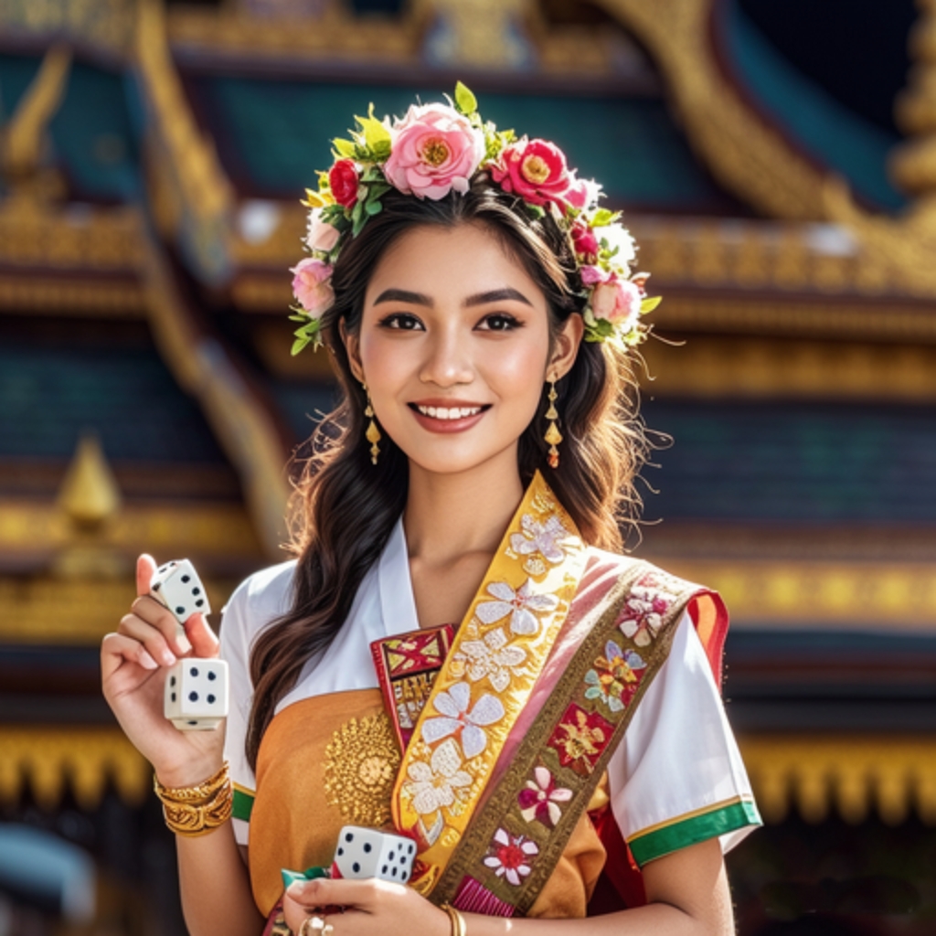 缅甸传统建筑下,身着缅甸传统服饰的女子手持色子,花环点缀的笑颜如花