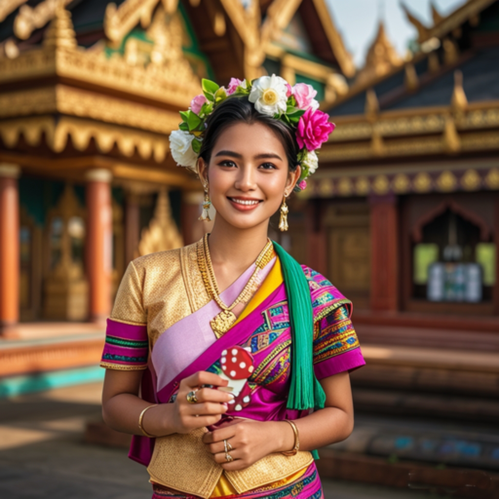 缅甸传统建筑下,身着缅甸传统服饰的女子手持色子,花环点缀的笑颜如花