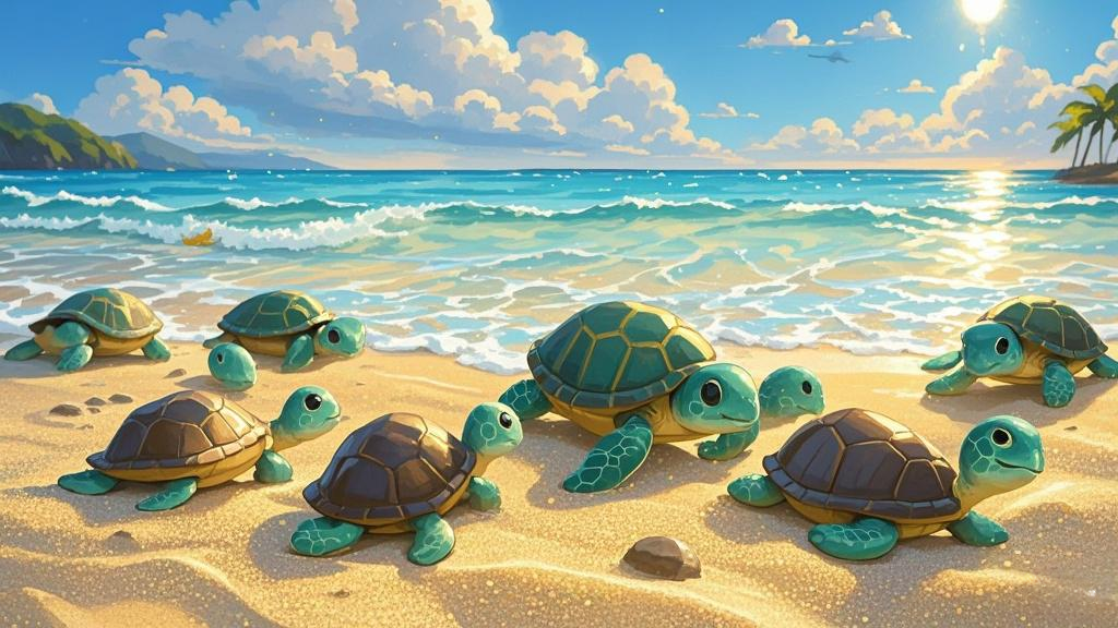 小海龟们在沙滩上的蛋里孵化出来后,就开始了它们奇妙的冒险