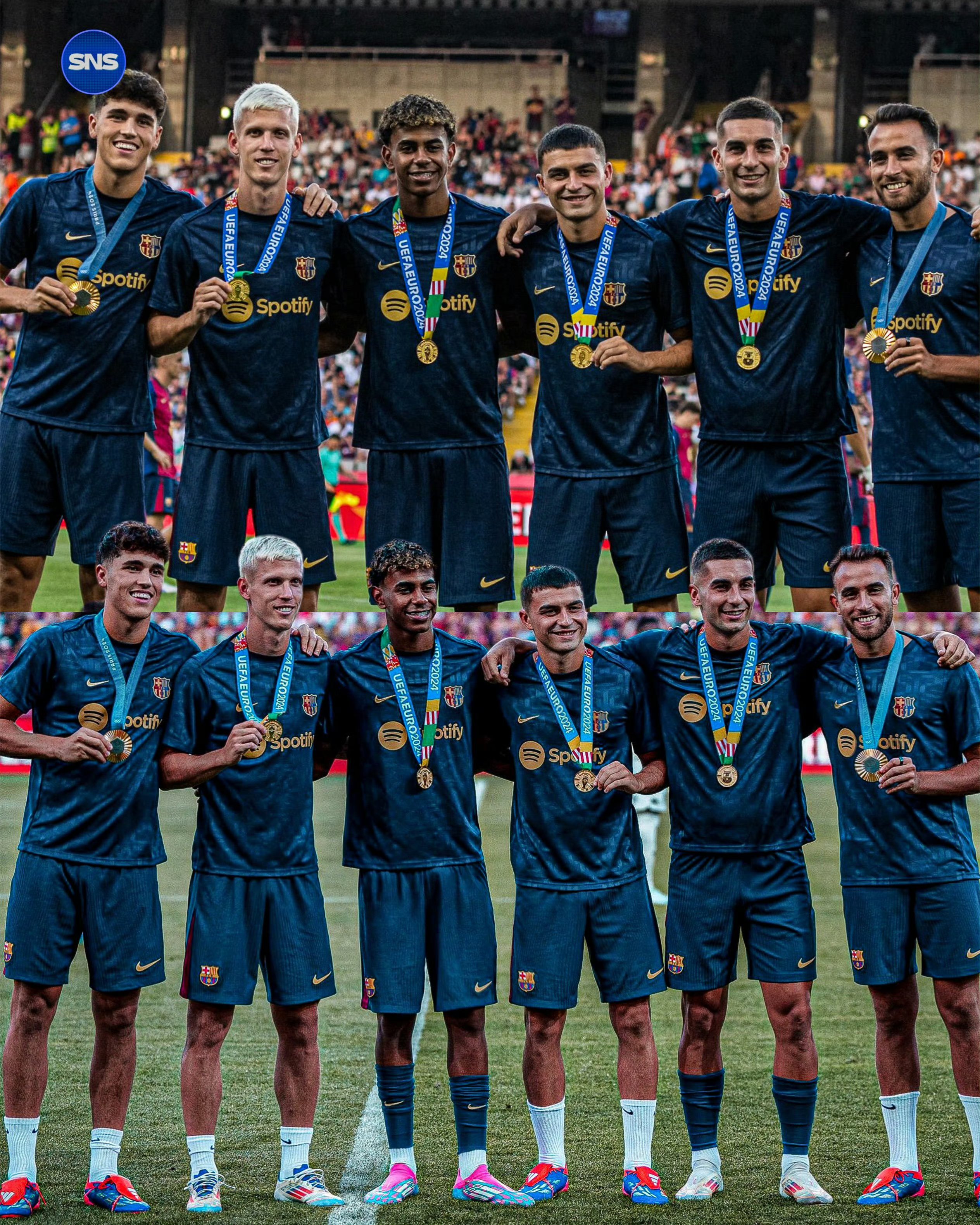 新赛季开始前,巴萨的球员展示了欧洲杯和奥运会男足