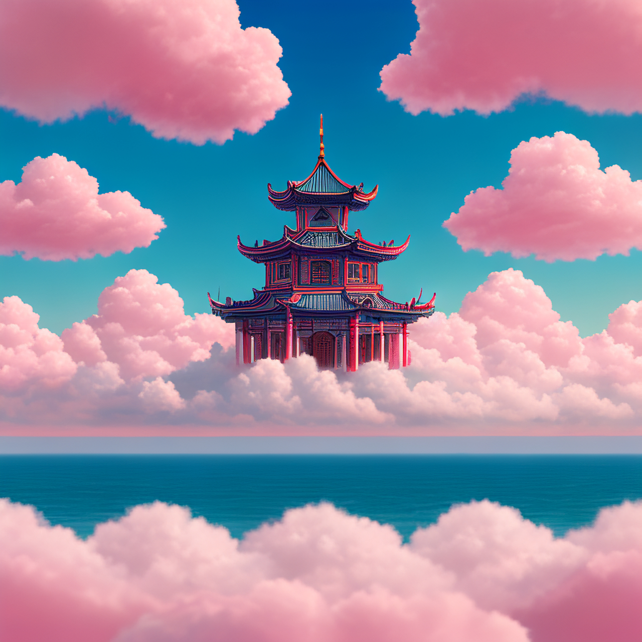 用ai画的空中楼阁,古色古香,四周围绕着浪漫粉色云朵