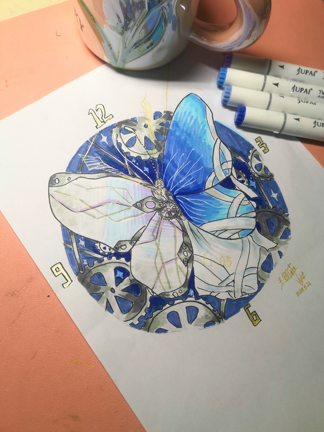 机械蝴蝶--时钟 主题绘画 构思:以蝴蝶为素材,与钟表组合而成的独一无