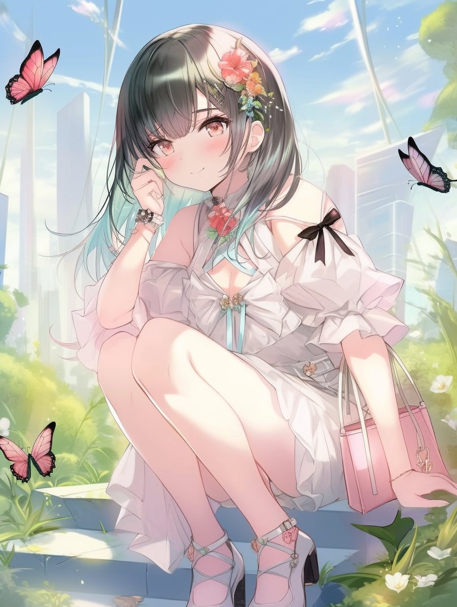 草地上,一个女孩静静地坐着,她的裙子仿佛绽放的花朵,层次丰富,褶皱与
