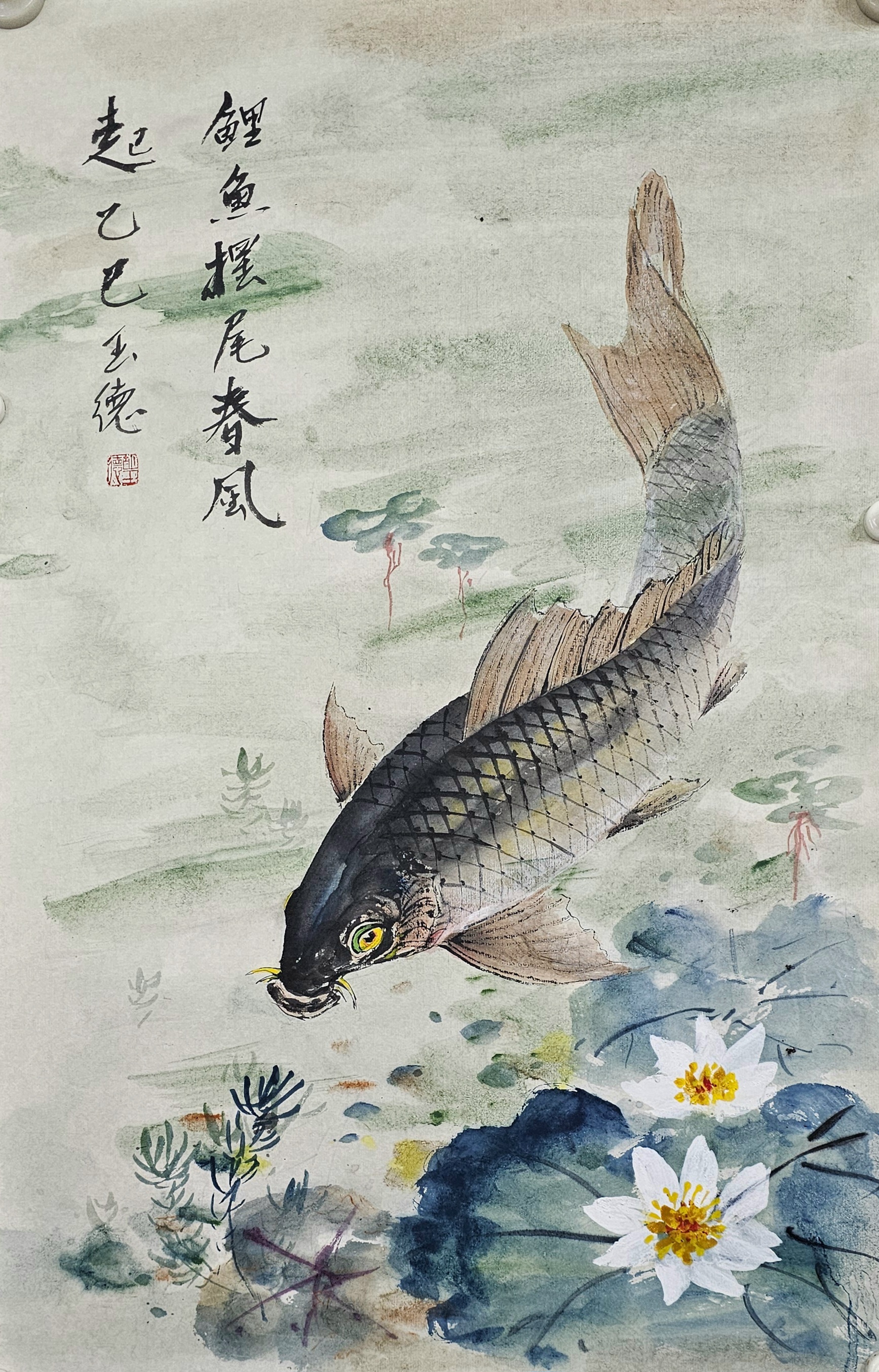 胡玉德老师创作《鲤鱼摆尾春风起》国画鲤鱼国画小写意作品#美术之家