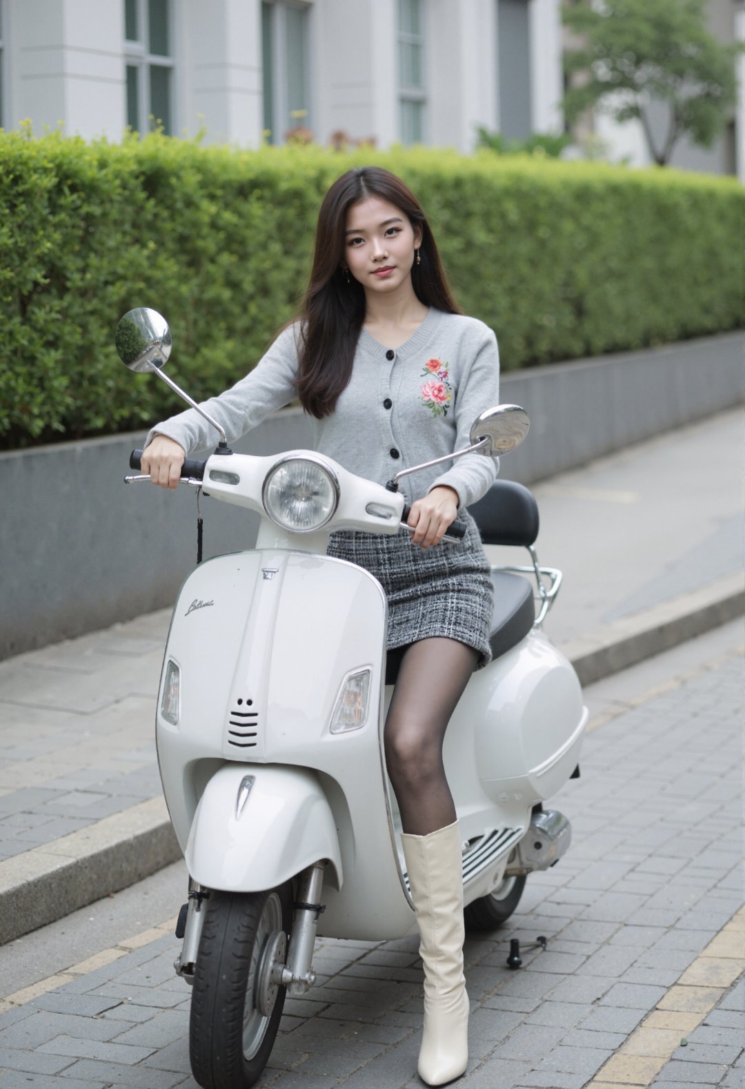 一辆小巧的白色电动车,似乎承载着整个春日的明媚与少女的温柔