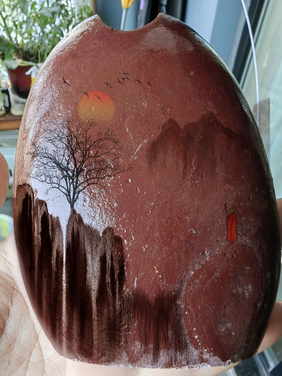 给画友构图的一个石头画笔筒~观日图 #石头画# #丙烯画石头# #捡石头