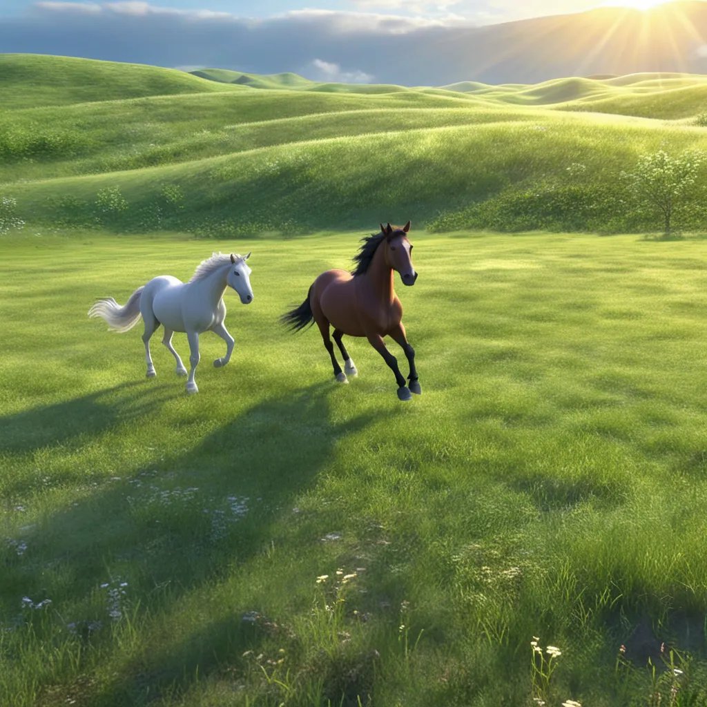 阳光下,我在绿草如茵的大地上,与两匹奔跑的马儿相遇,它们自由自在
