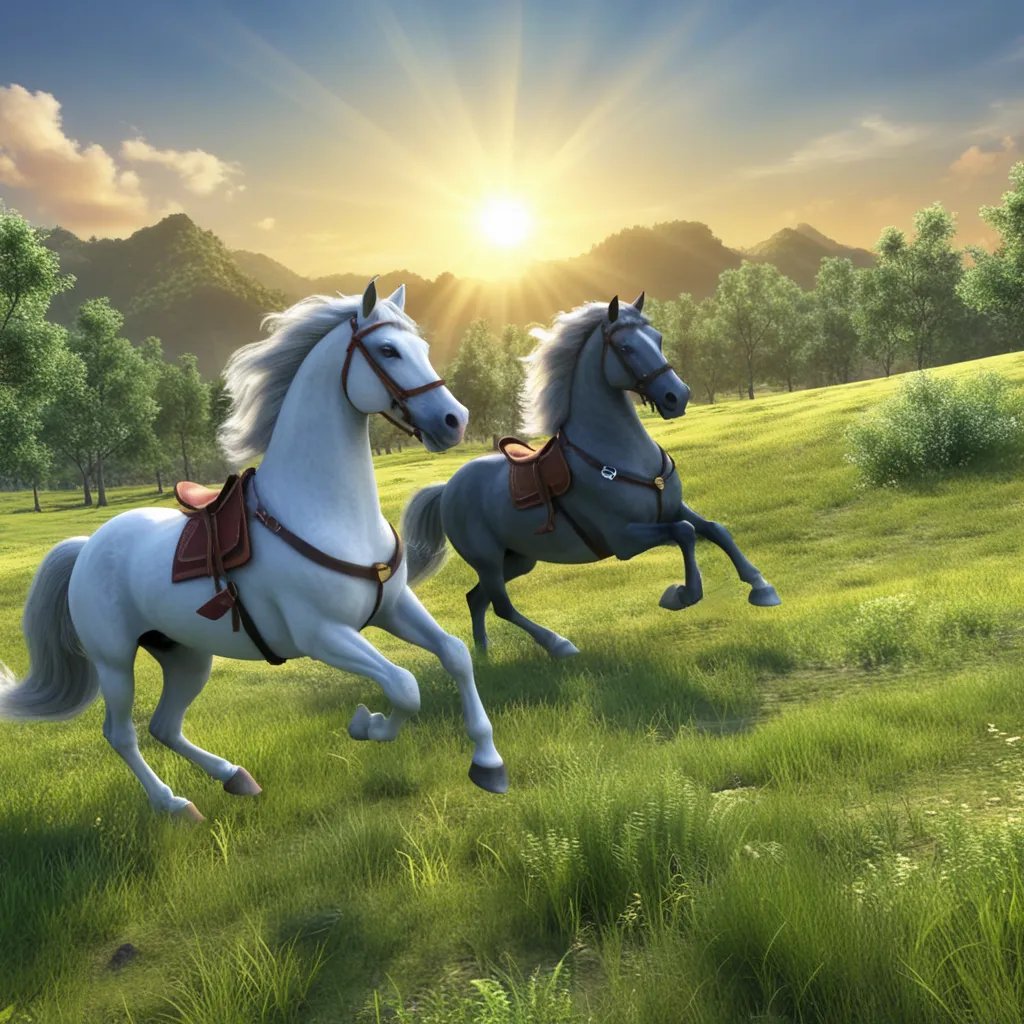 阳光下,我在绿草如茵的大地上,与两匹奔跑的马儿相遇,它们自由自在