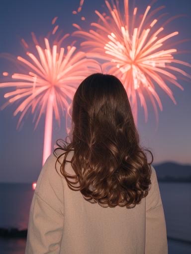个女孩的背影,七分构图,近景,中国新年,女孩站在岸边看烟花,长发,卷发