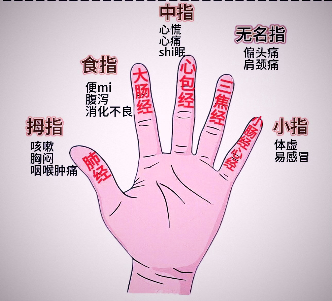 我们身体除了手掌部分的反射区,手指有对应经络