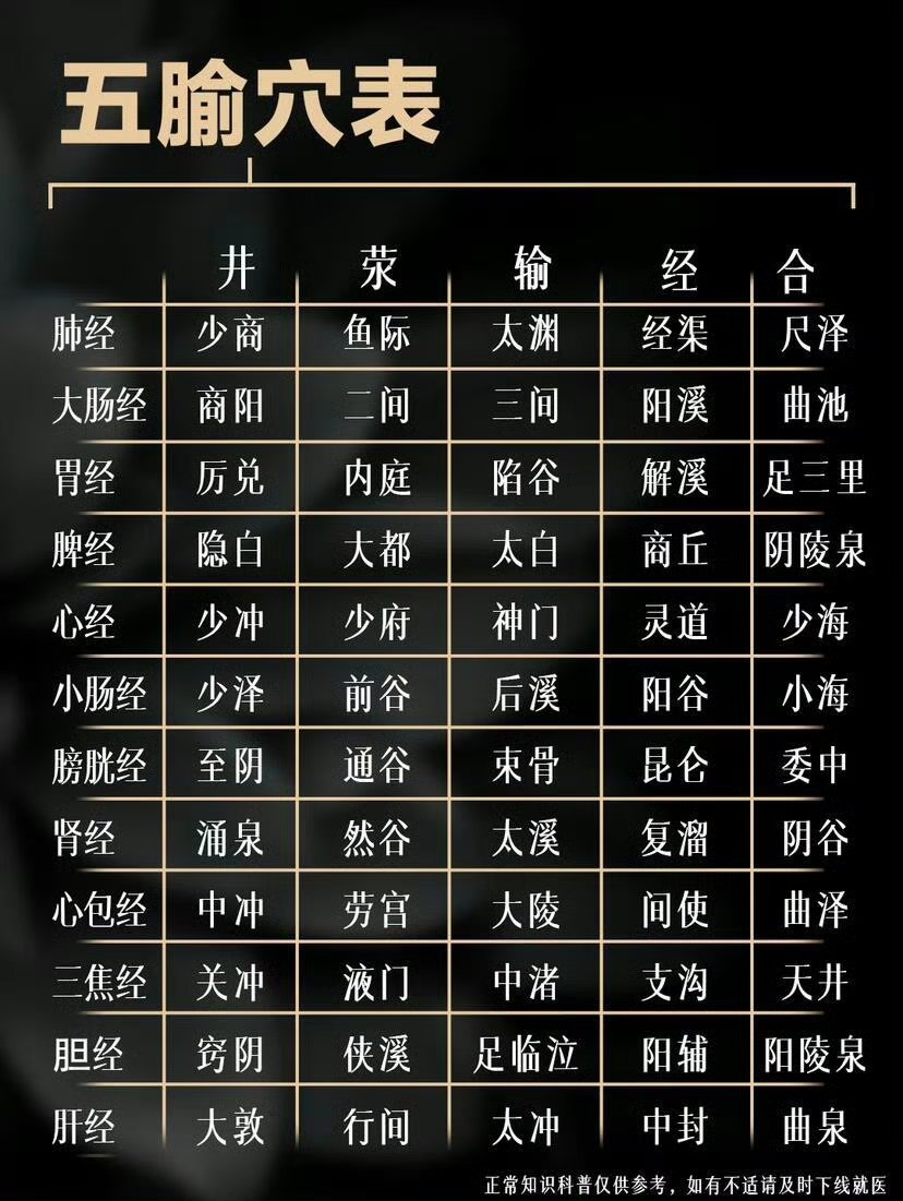 用以说明经气的出入和经过部位的深浅及其不同作用五腧穴表十二经络井