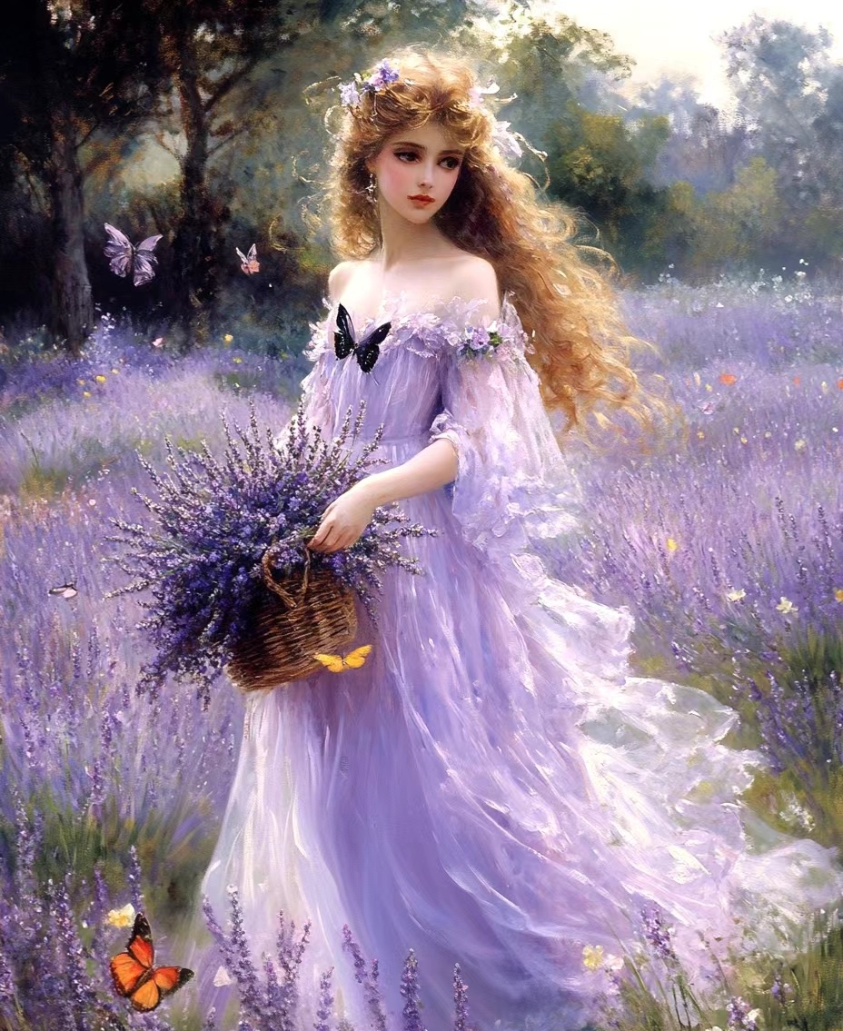 唯美油画欣赏,薰衣草花田中的少女