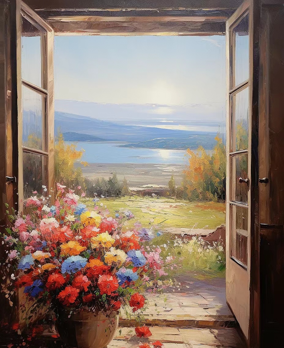 水彩油画,窗台鲜花,窗外风景.