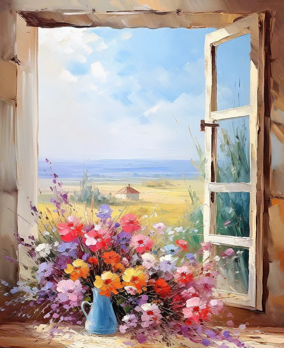 水彩油画,窗台鲜花,窗外风景.