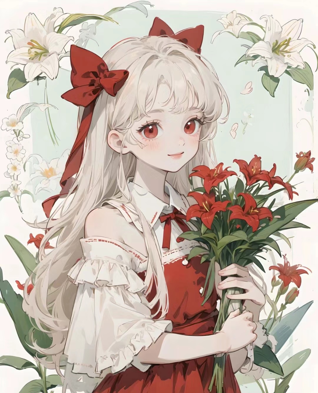 动漫绘画捧花美少女.