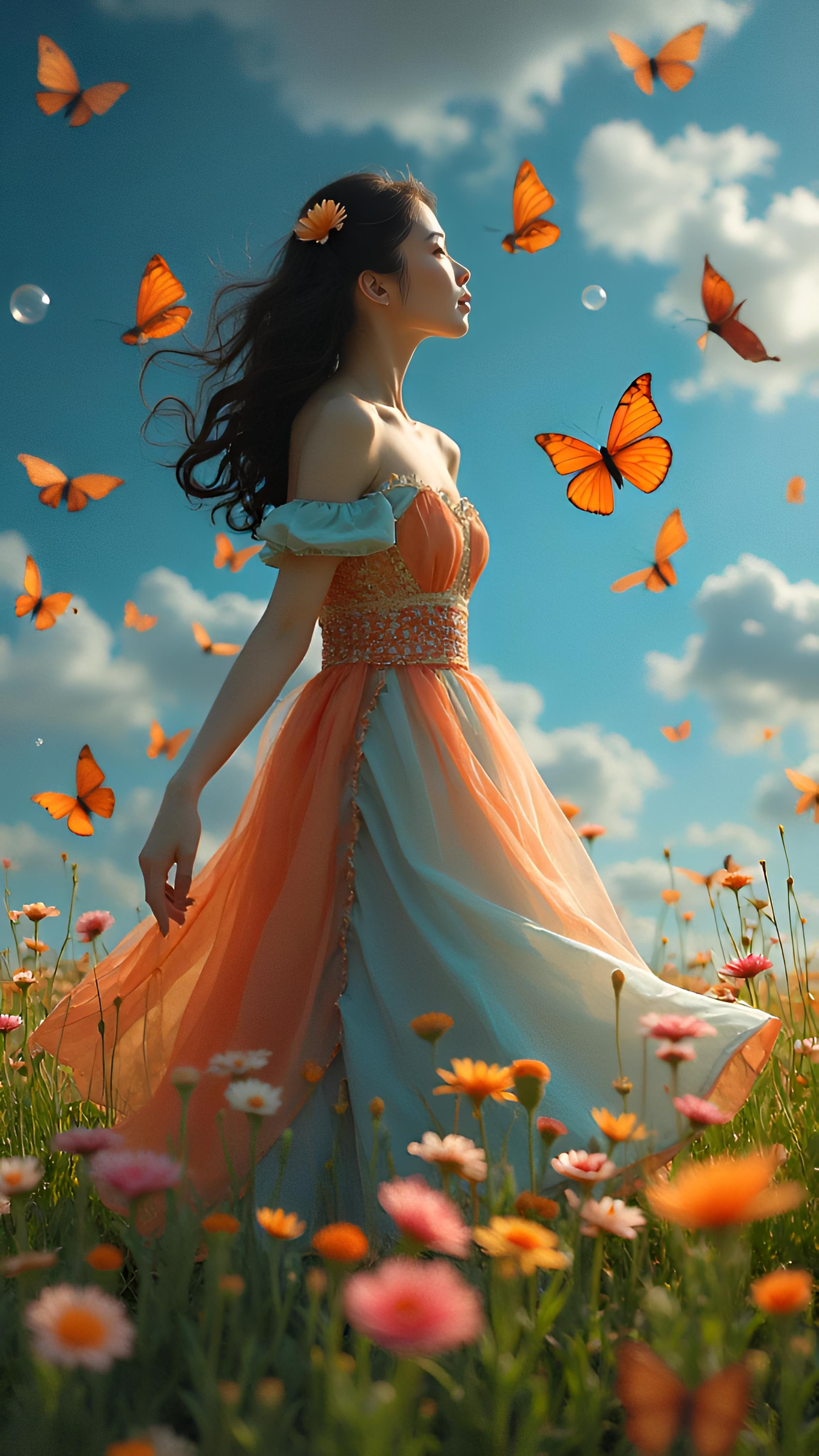 蝴蝶围着女孩翩翩起舞,在花丛中轻轻旋转