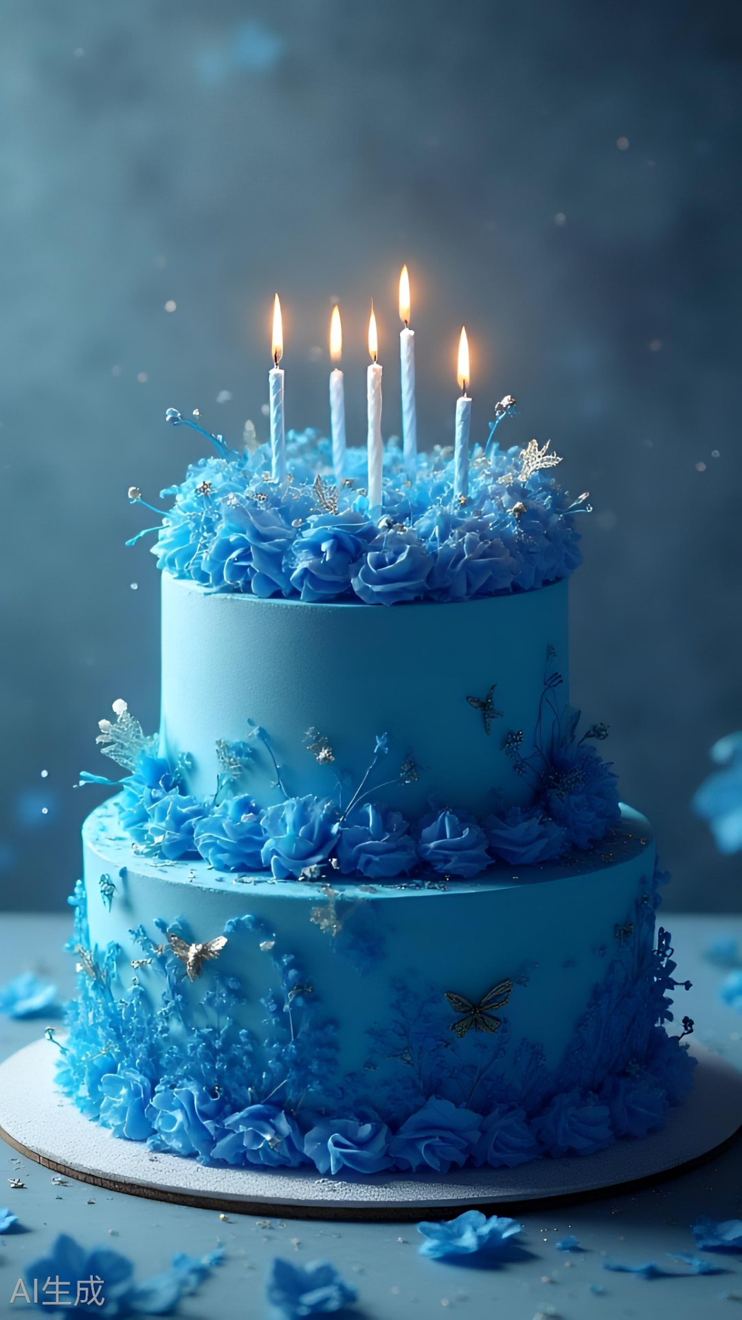 "梦幻蓝生日蛋糕,蜡烛摇曳中,仿佛能听到生日的呢喃."#蛋糕图片