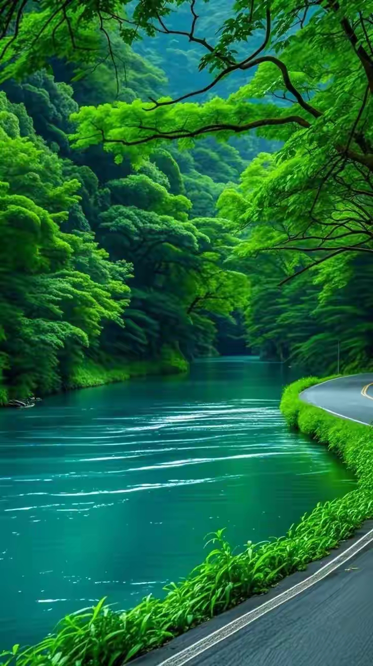 顶级视觉-绿色山水诗意画卷,护眼手机屏保壁纸