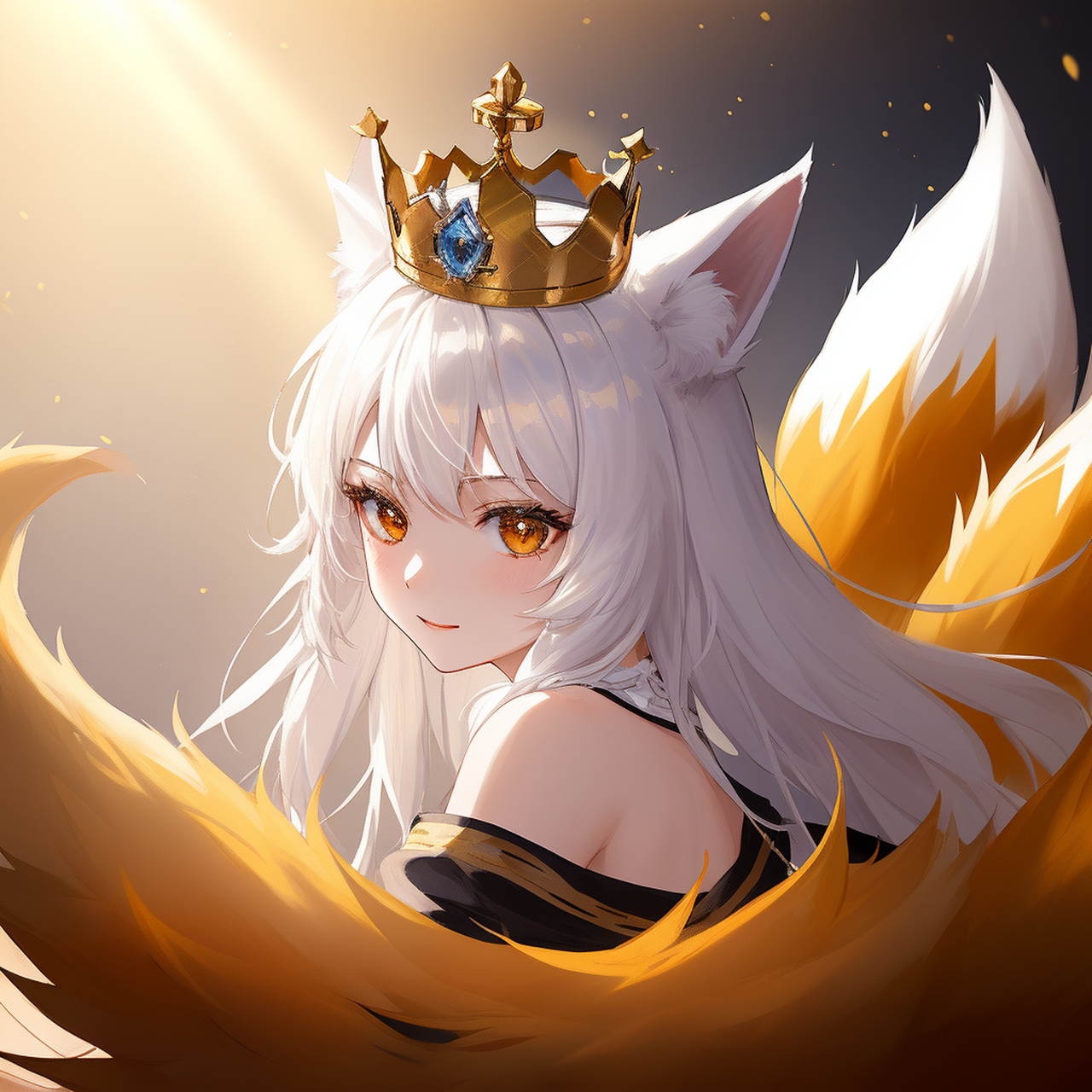 萌萌的一只小狐狸,白毛,九尾,浑身散发着淡淡的金色的光芒,头戴王冠