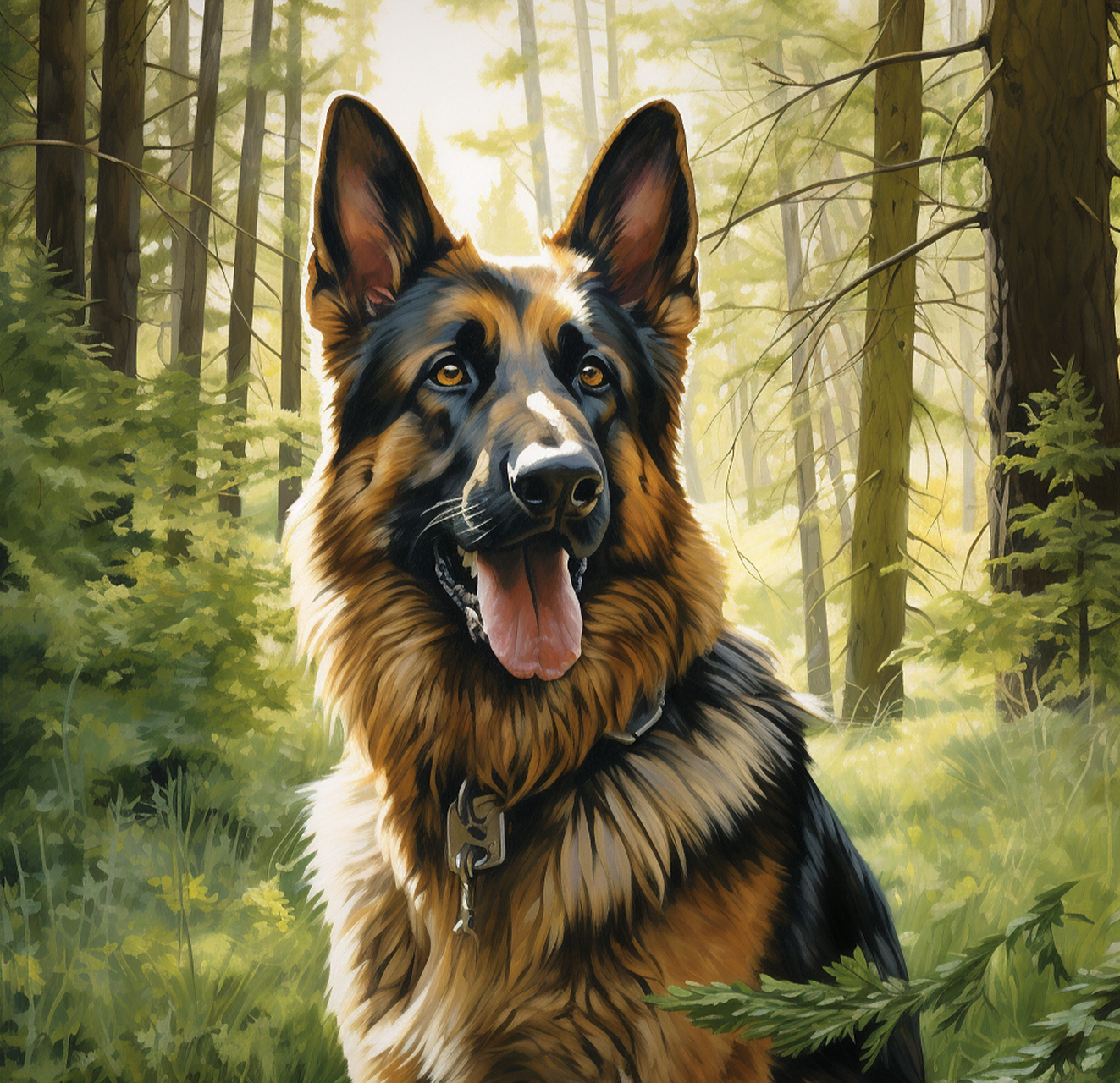 98德国牧羊犬油画赏析95  狗狗98坐在一片繁花盛开的草地上