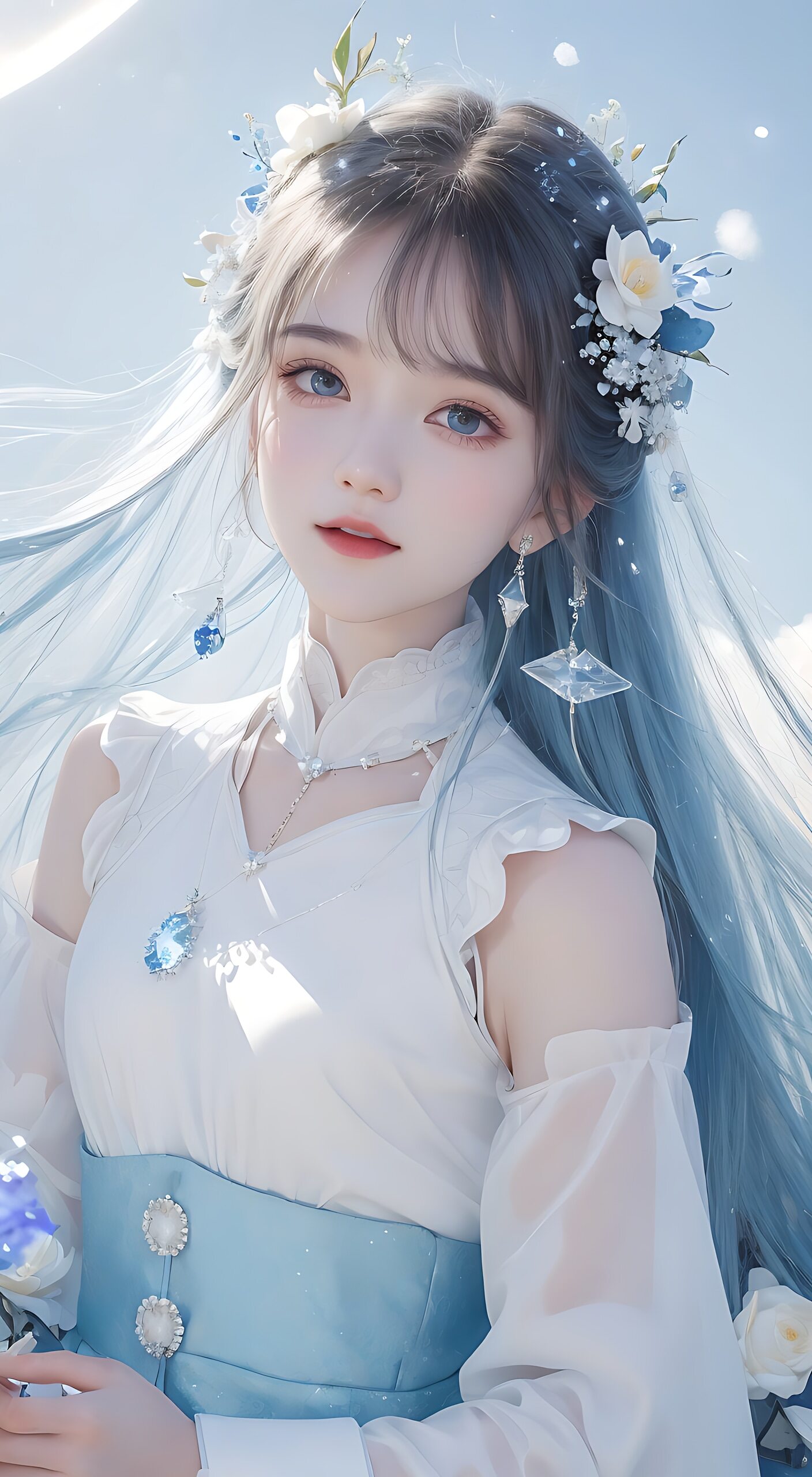 蓝发少女,梦幻般地存在于世间的画卷中,如同一颗璀璨的明珠,洒落在