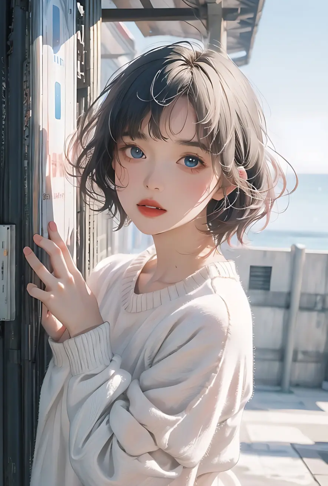 "95海天一色,纯净的白色毛衣,短发的俏皮美少女,红唇点缀,蓝眼睛