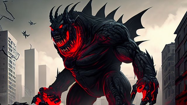 ai绘画黑红色大怪兽破坏城市